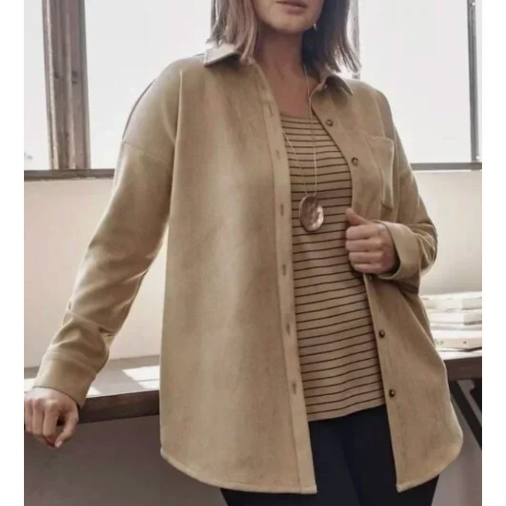 J Jill Wearever Collection Tan Faux Suede Shirt Jacket Oversized Petite XL